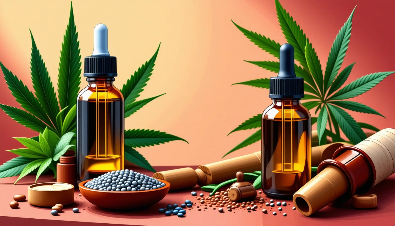 Two amber dropper bottles, cannabis leaves, wooden bowls with seeds, and a mortar and pestle on a gradient background