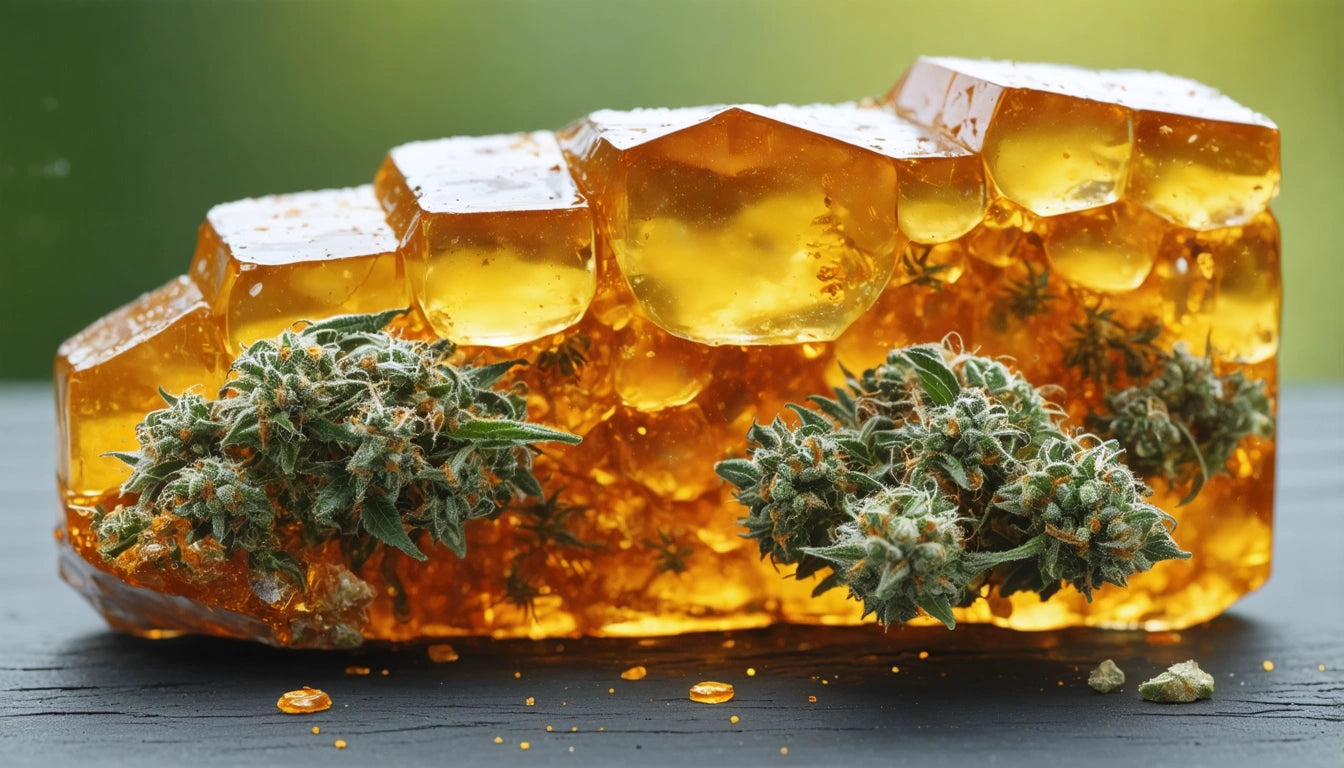 Amber-colored honeycomb structure with hexagonal shapes, adorned with green, frosty plant clusters on a dark surface