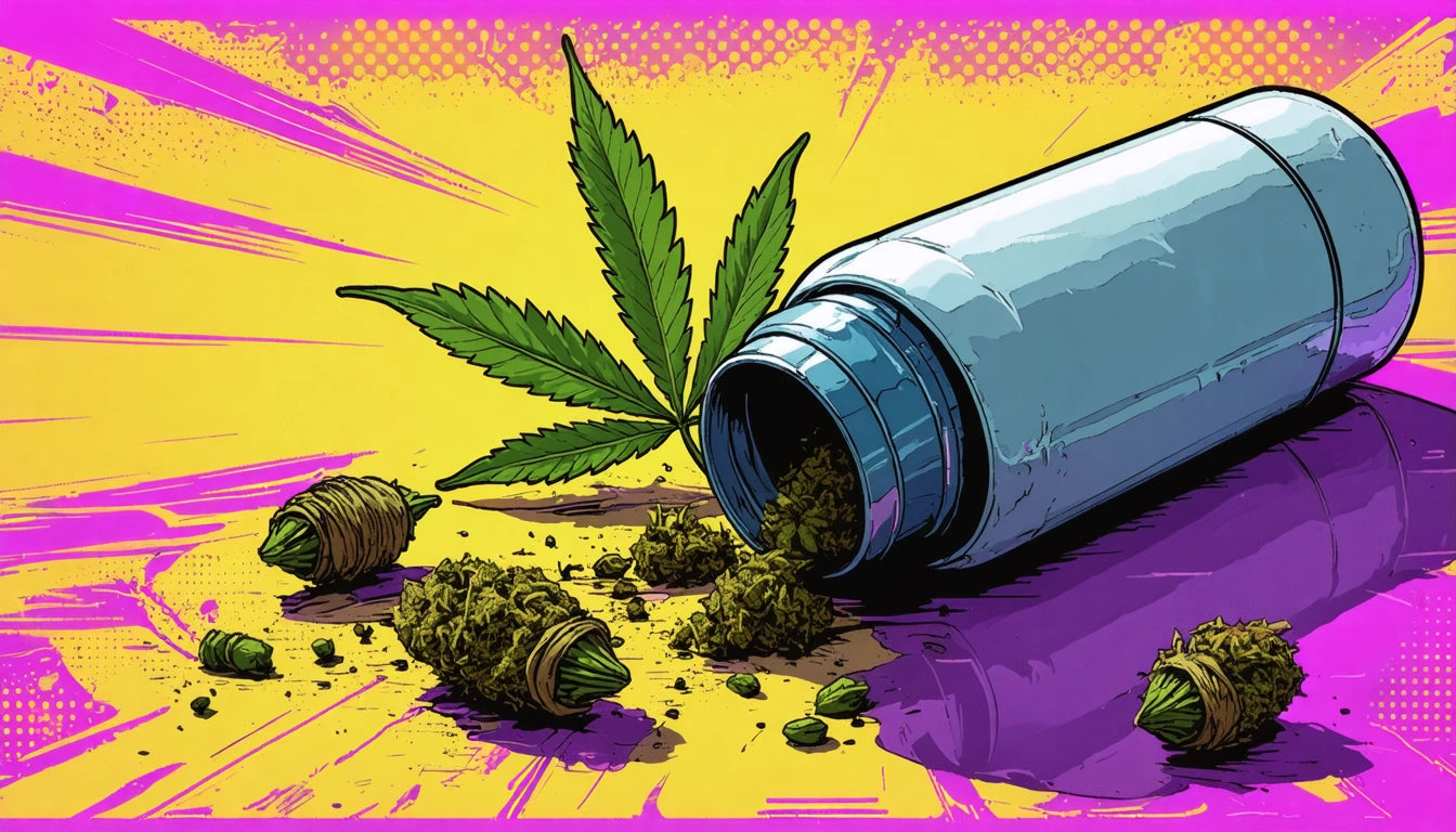 Metallic container tipped over, spilling green buds and leaves on a purple surface, with a yellow and pink background