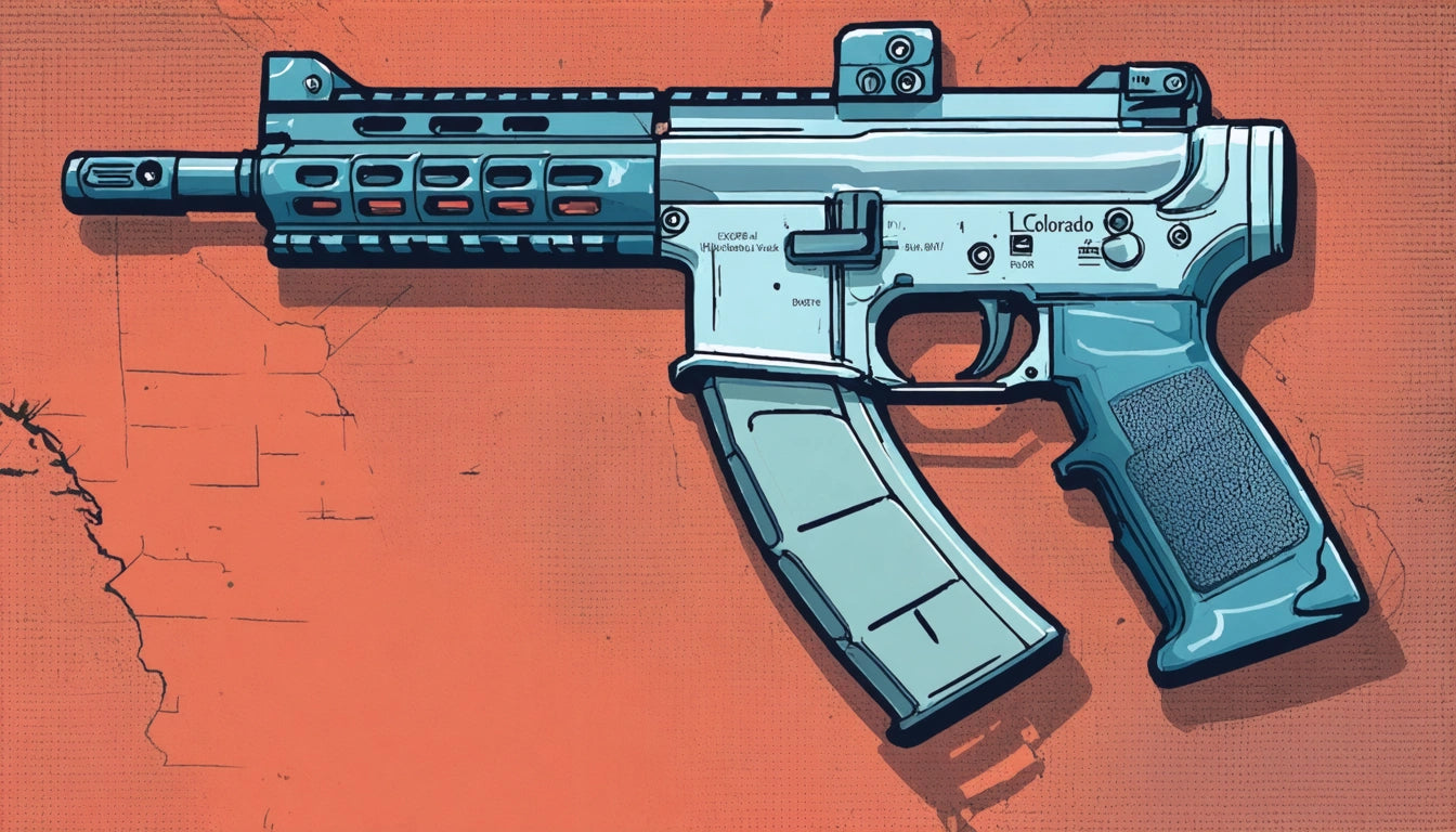 Blue and gray rifle with a textured grip, set against a cracked orange background