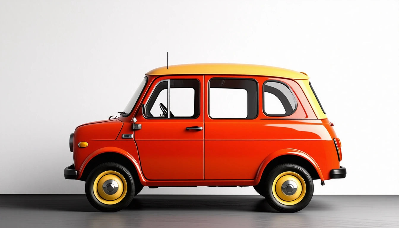 Orange vintage car with yellow roof and wheels, side view against a plain white background