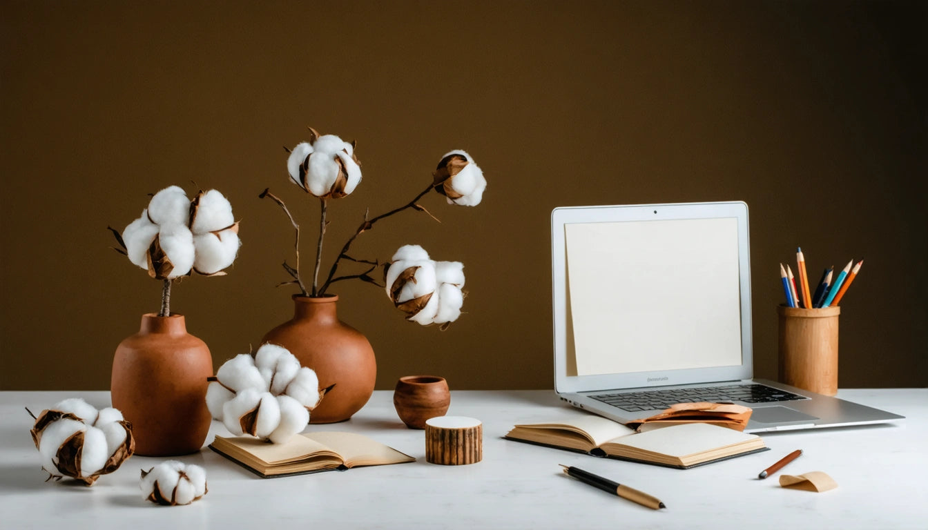Cotton branches in brown vases, open notebooks, laptop, and pencils in holder on white table against brown background