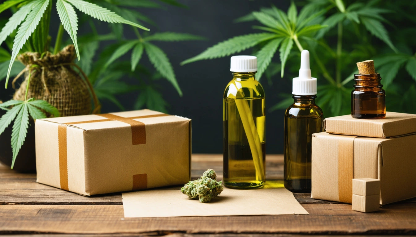 Bottles with liquid, cardboard boxes, and a small plant bud on a wooden surface, surrounded by large green leaves