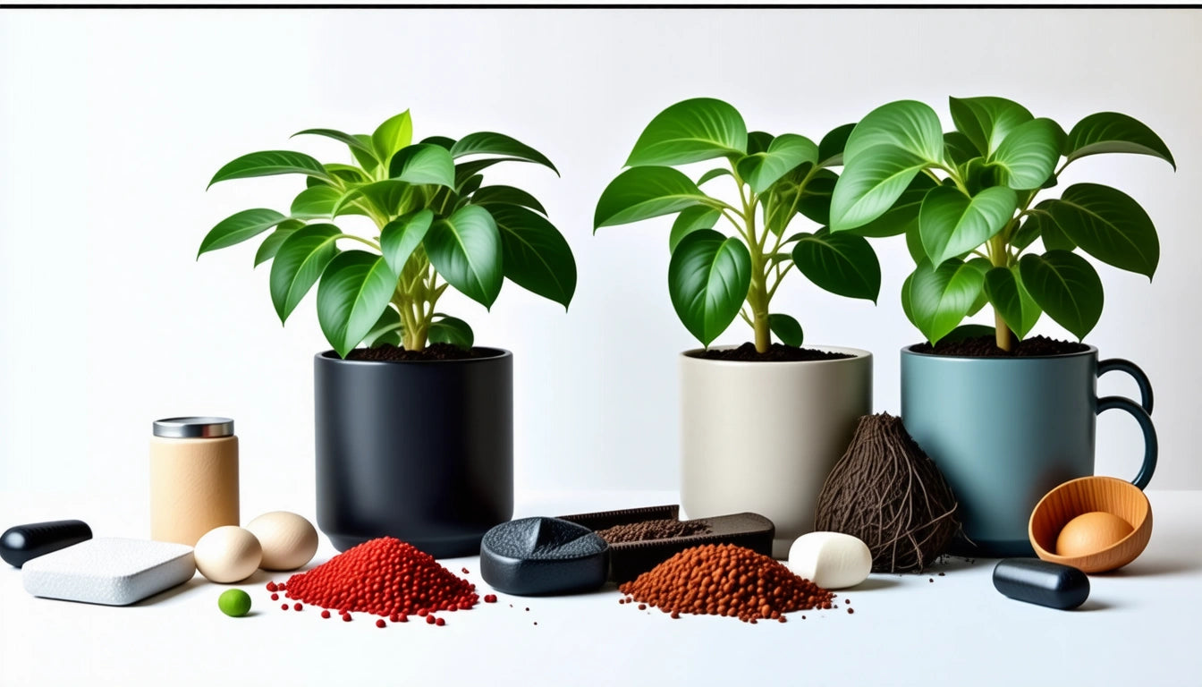 Three potted plants with green leaves, surrounded by various seeds, soil piles, and small containers on a white surface