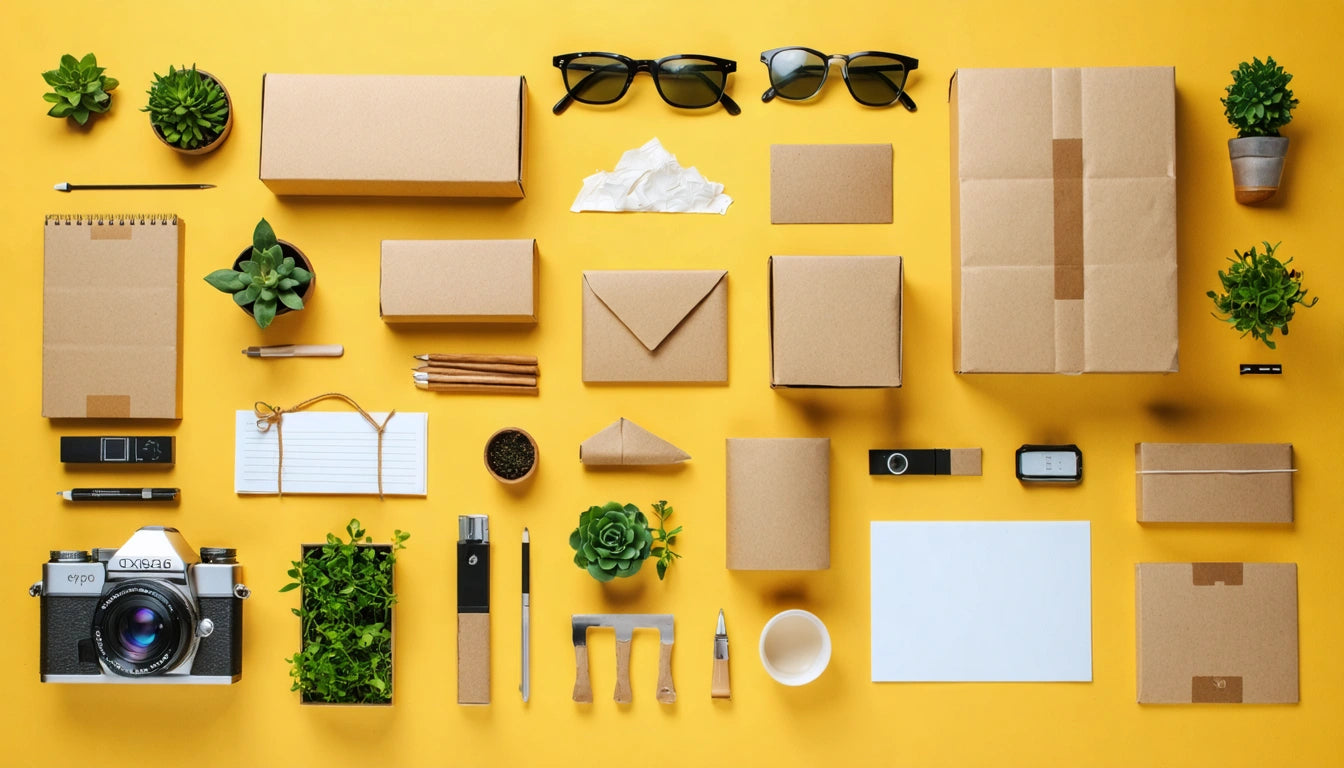 Cardboard boxes, camera, plants, glasses, and stationery neatly arranged on a yellow background