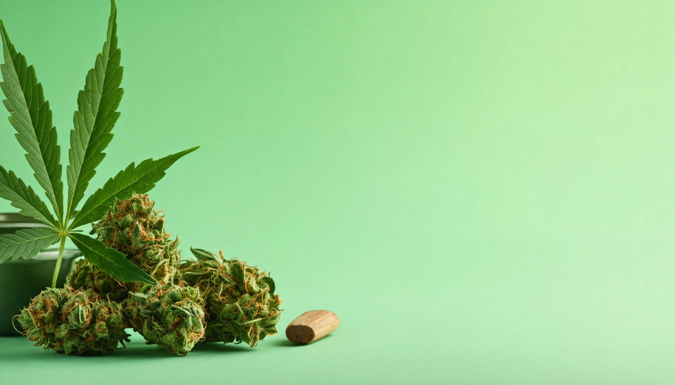 Green cannabis leaves and buds on a light green background, with a small wooden object nearby