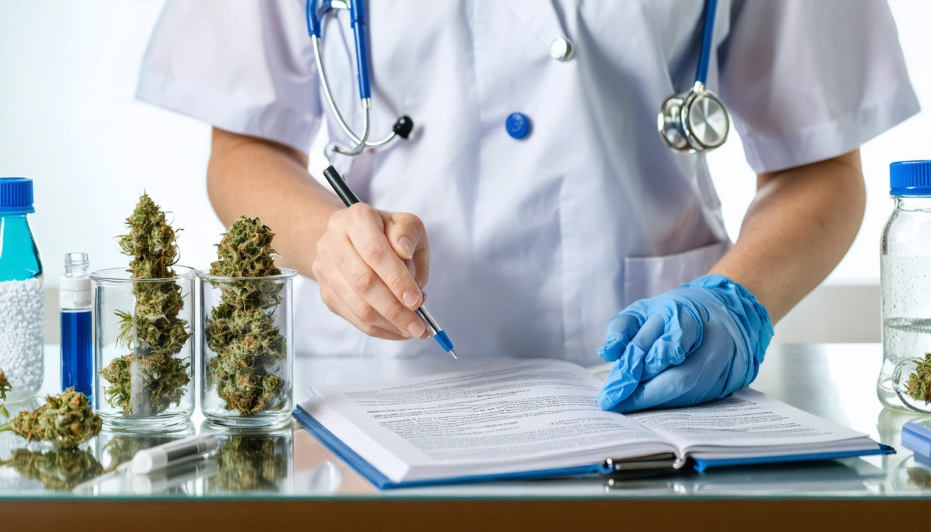 Person in white coat writing in a book, surrounded by jars of green plant buds, wearing a stethoscope and blue gloves