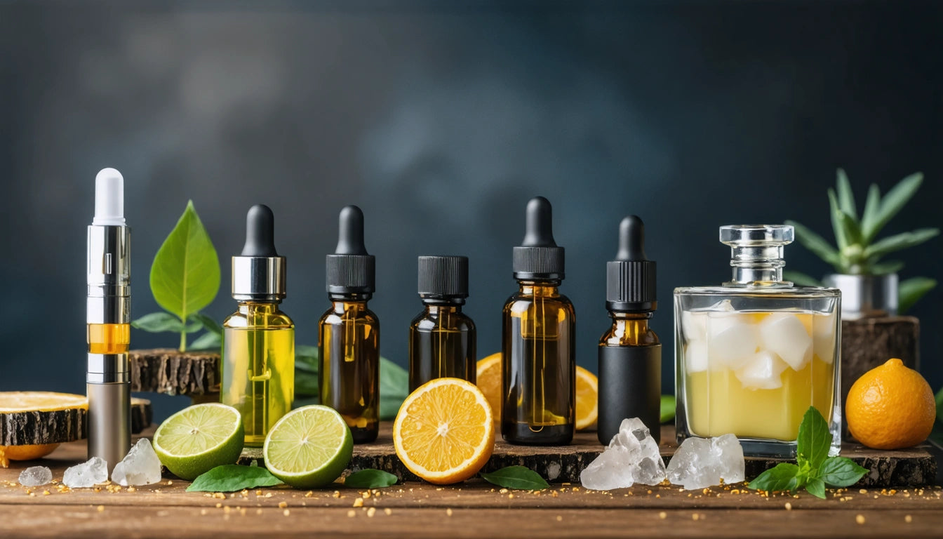 Brown dropper bottles and a glass perfume bottle on a wooden surface, surrounded by citrus slices, ice cubes, and green leaves
