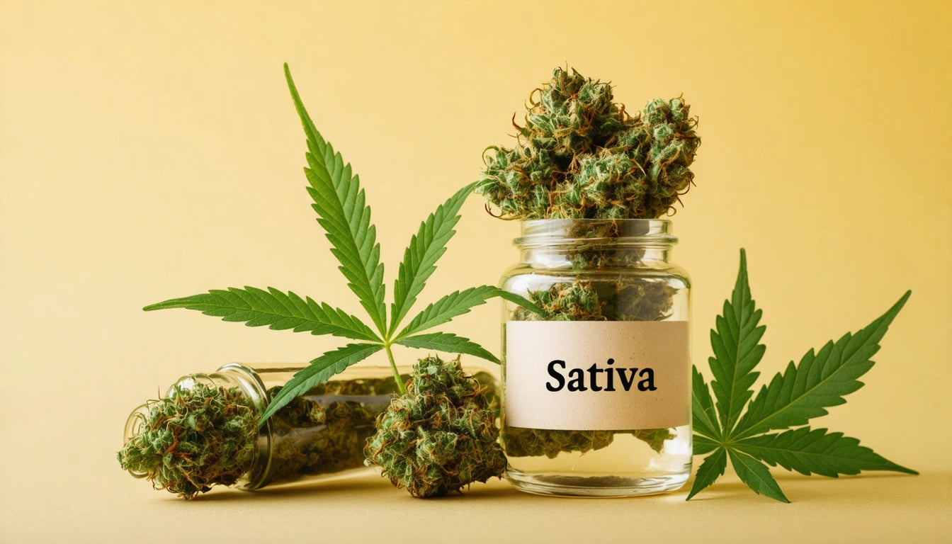Glass jar labeled "Sativa" with green cannabis buds and leaves on a yellow background