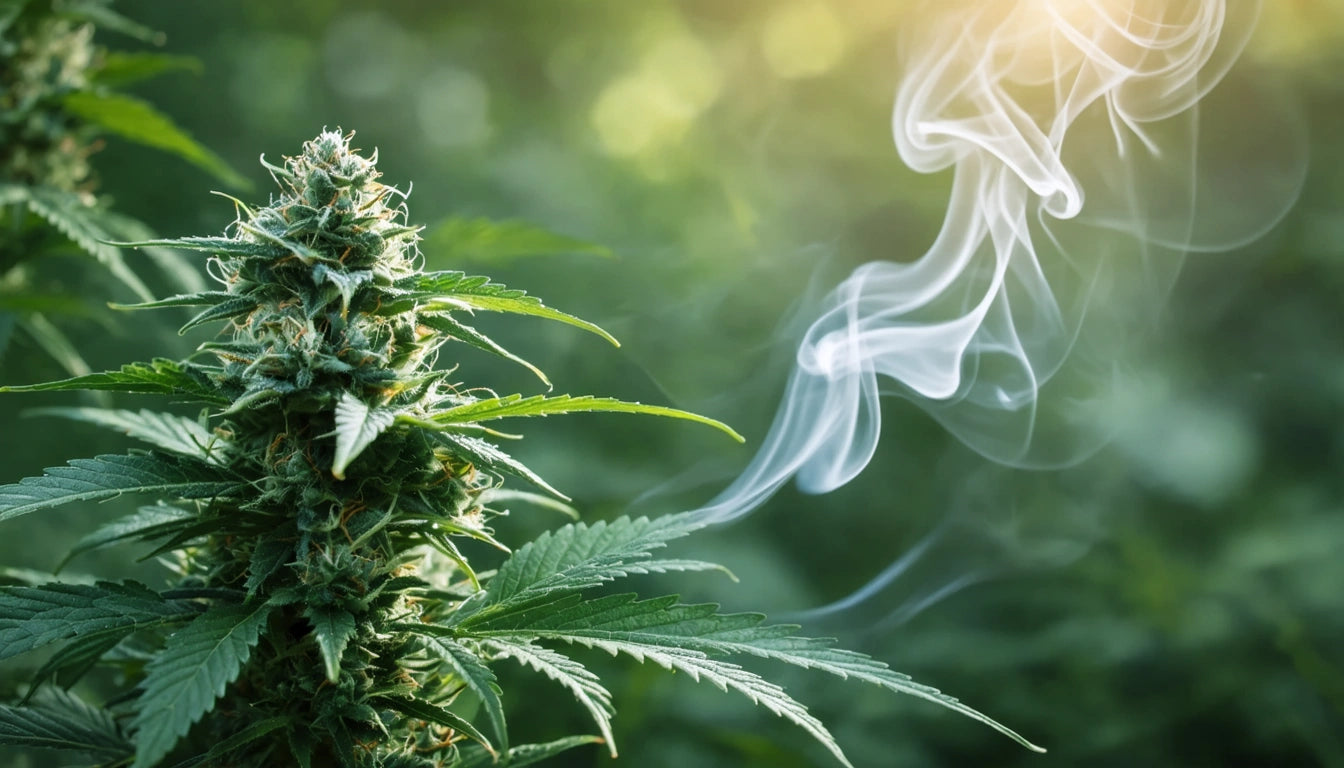 Dense green plant with pointed leaves, wispy white smoke rising beside it, sunlight filtering through blurred background