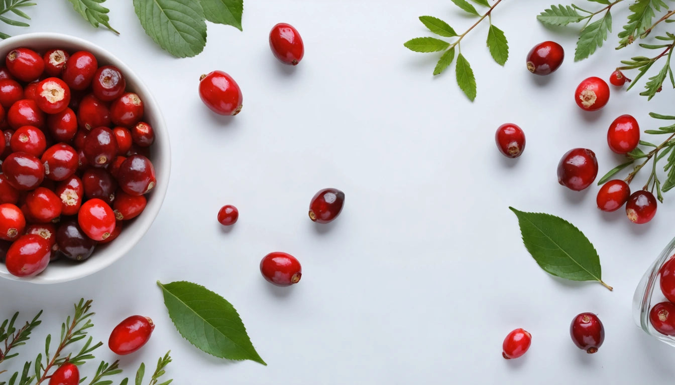 White surface with scattered red cranberries, green leaves, and a bowl filled with cranberries on the left