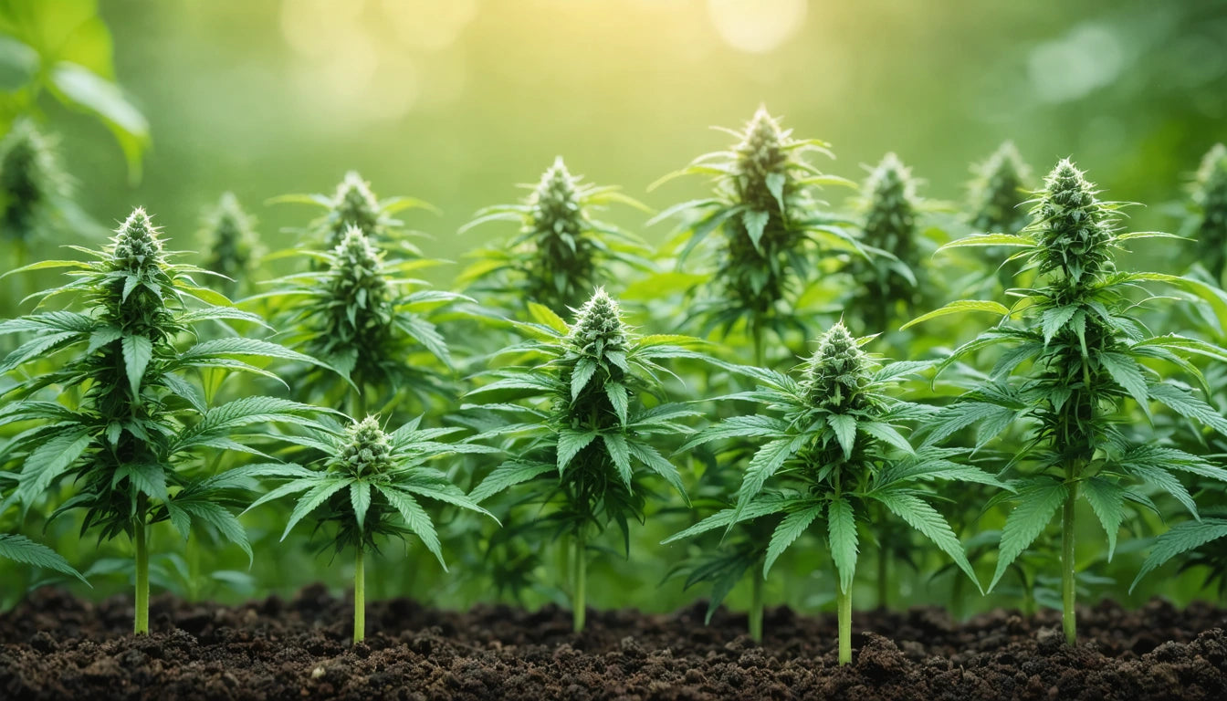 Rows of green plants with pointed leaves and buds, growing in dark soil, against a blurred green background with soft light