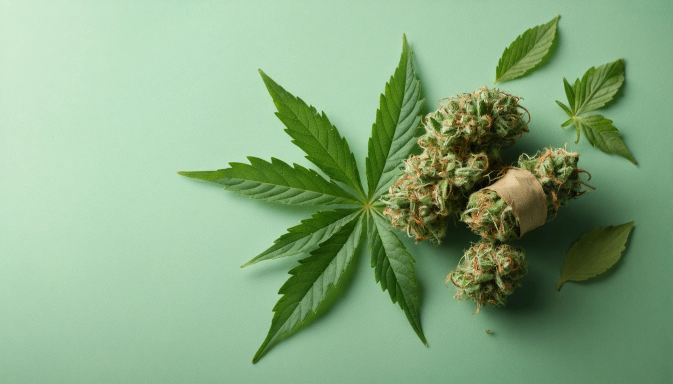 Cannabis leaves and buds on a light green background, with buds tied by a brown string