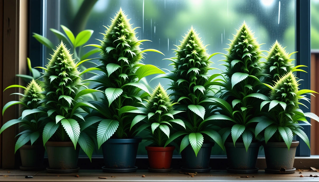 Six potted plants with dense green foliage on a windowsill, raindrops on the glass, blurred greenery outside