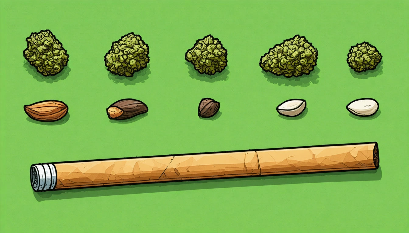 Five clusters of green buds, five assorted nuts, and a rolled brown paper tube on a green background