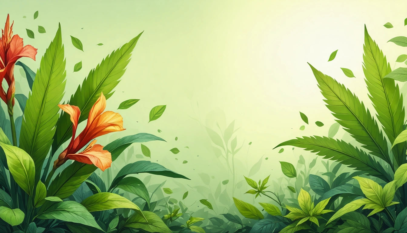 Lush green leaves and two orange flowers against a soft gradient green background with scattered small leaves