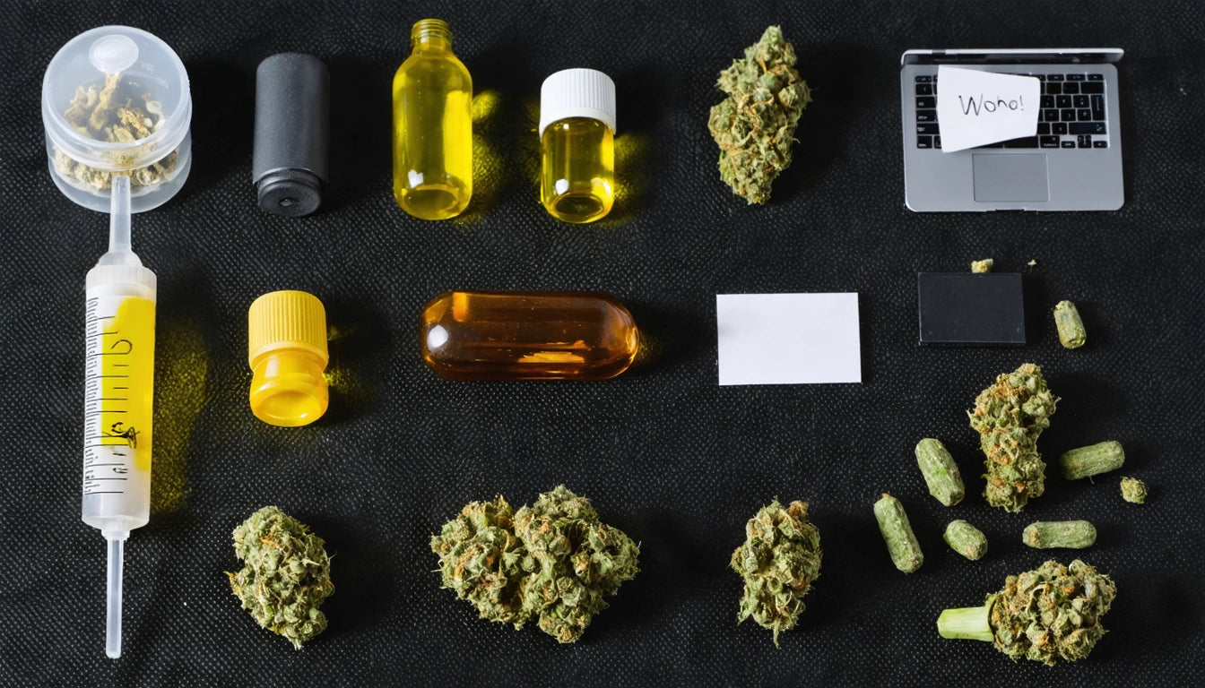 Syringes, bottles, and cannabis buds arranged on black surface; small laptop with sticky note in top right corner