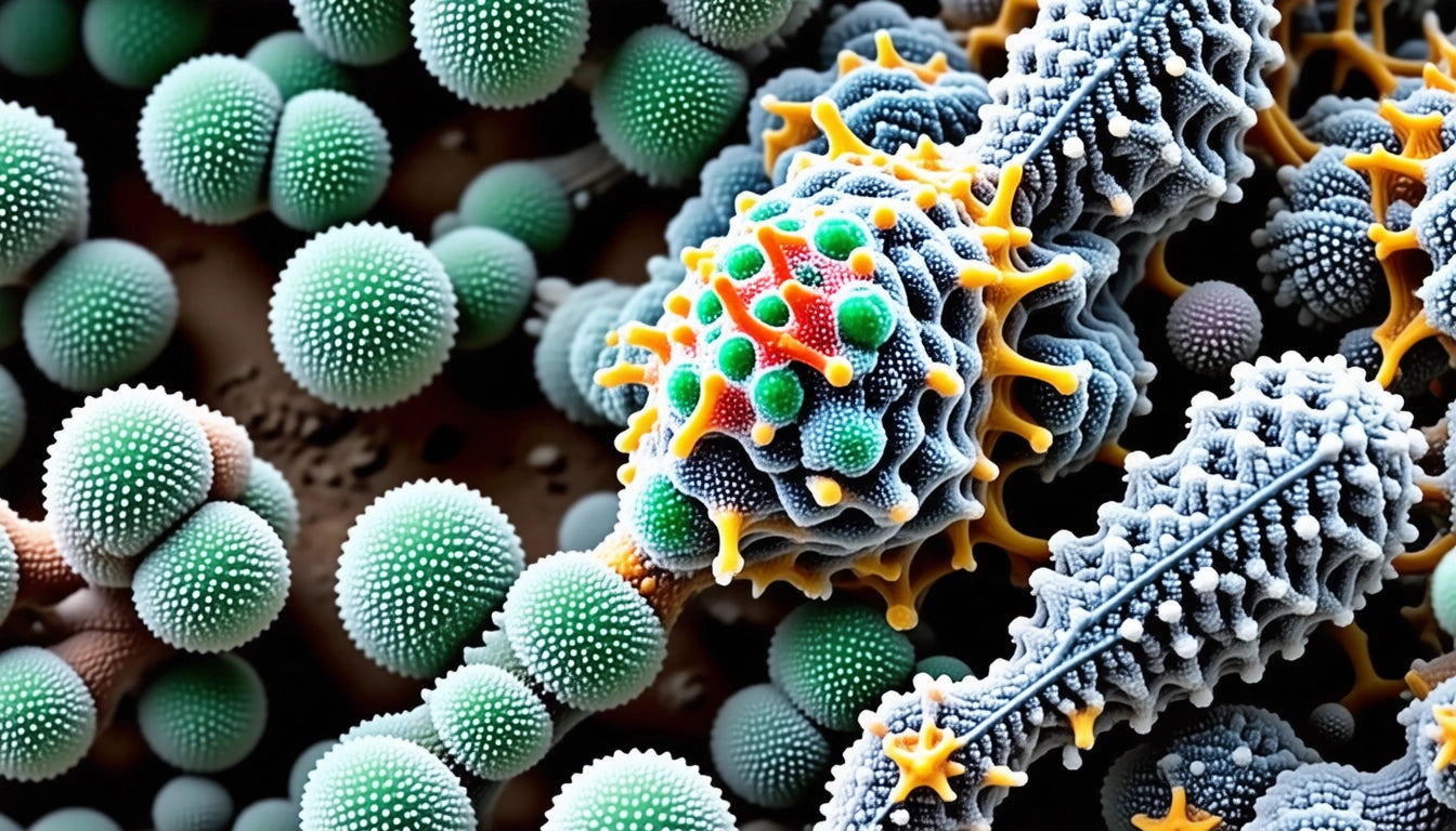 Colorful microscopic structures with spiky green spheres and intricate blue and orange patterns