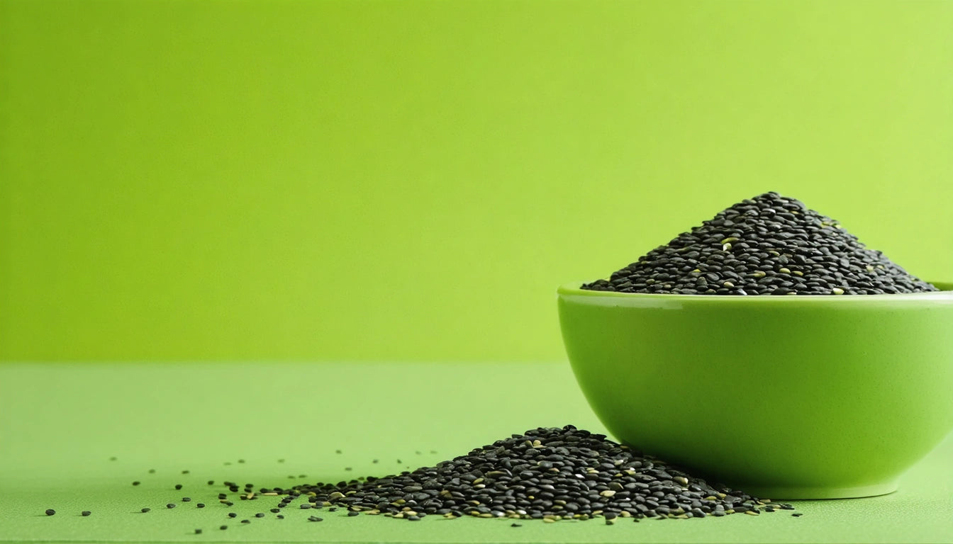 Green bowl filled with black sesame seeds, some spilled on a bright green surface, against a matching green background