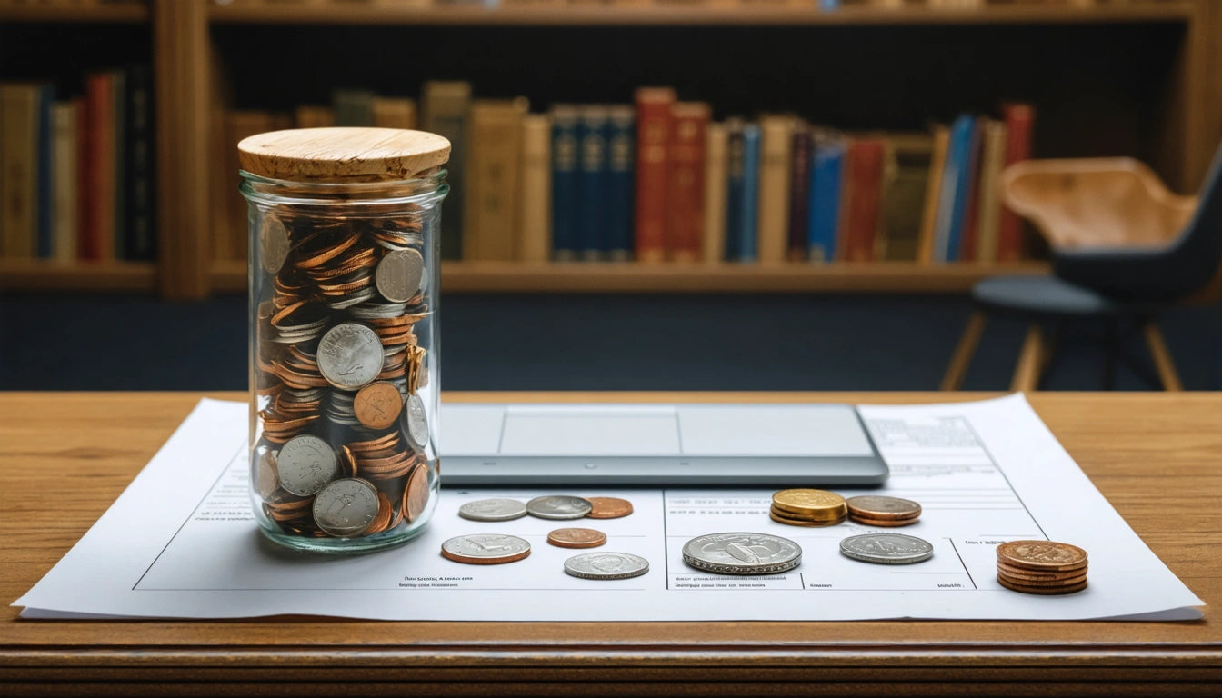 Jar filled with coins on a desk, surrounded by scattered coins, papers, and a calculator; bookshelves in the blurred background