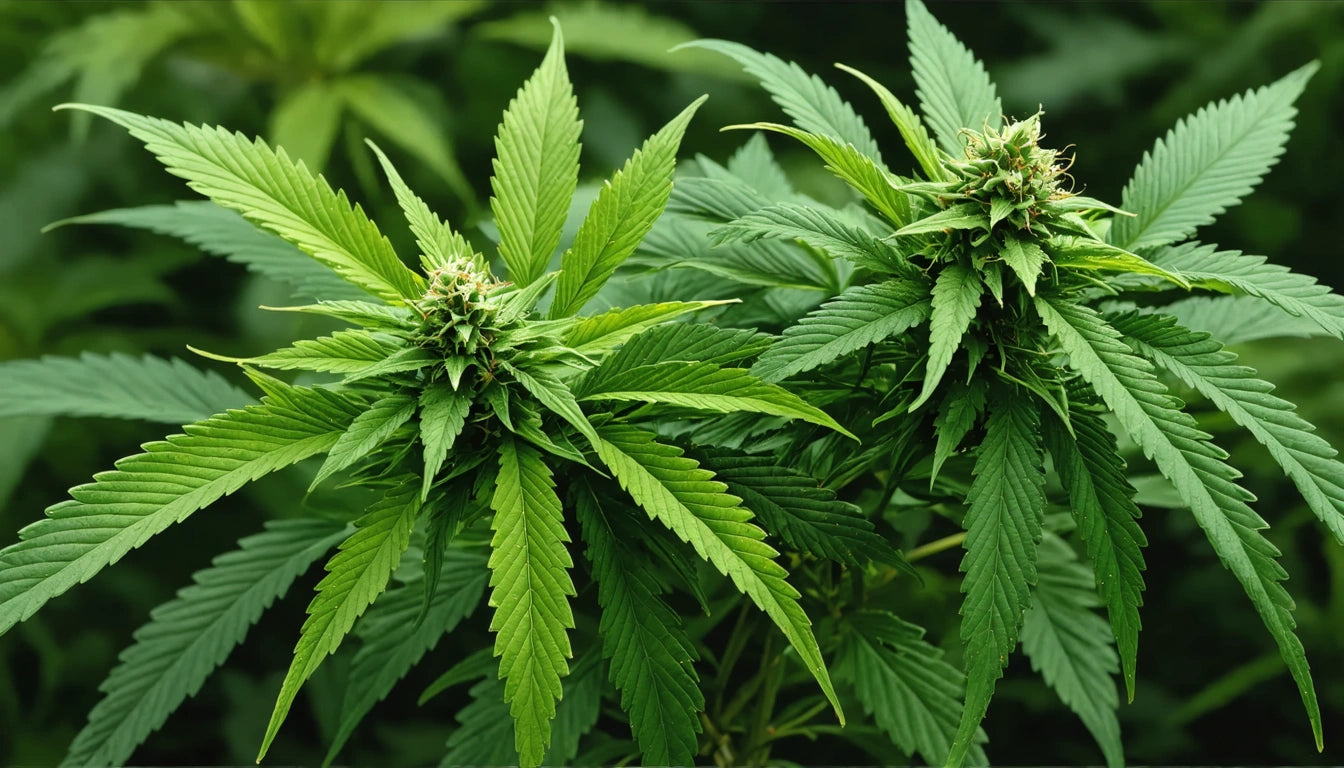 Two green plants with pointed leaves and small clusters of buds, set against a blurred green background