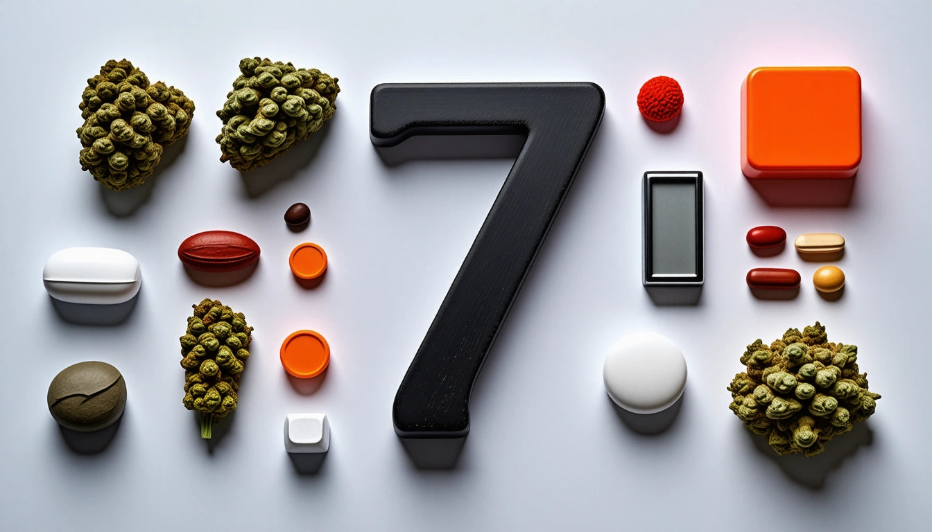 Large black number seven surrounded by assorted pills, capsules, and clusters of green buds on a white background
