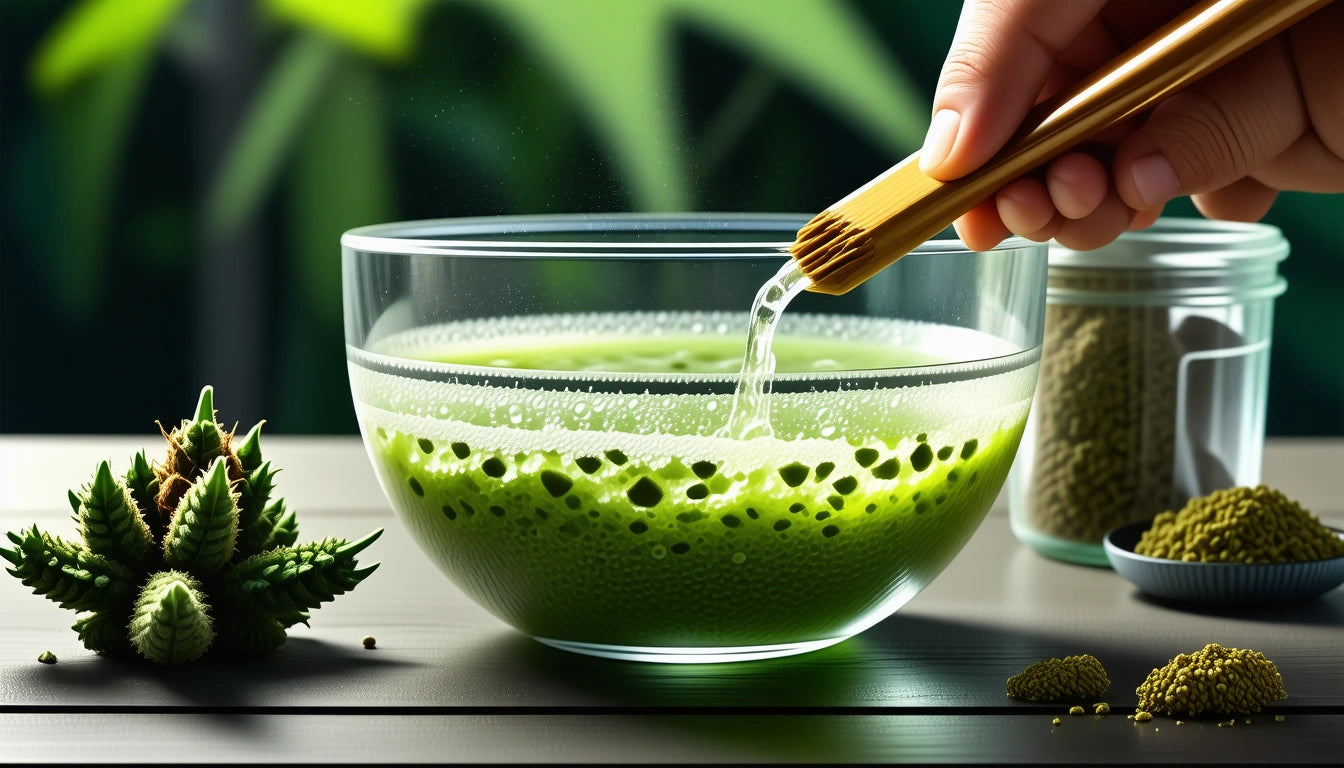 Hand pouring liquid into a glass bowl with frothy green mixture, surrounded by green plant, jar, and small plate with powder