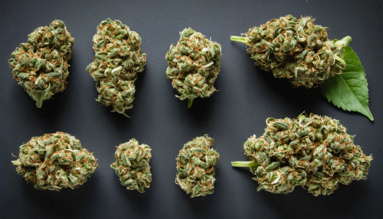 Eight clusters of green, textured plant material on a dark surface, one with a leaf attached