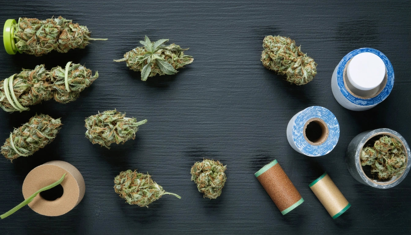 Dried green plant buds scattered on dark surface, with rolls of brown and green tape, and a blue spool nearby