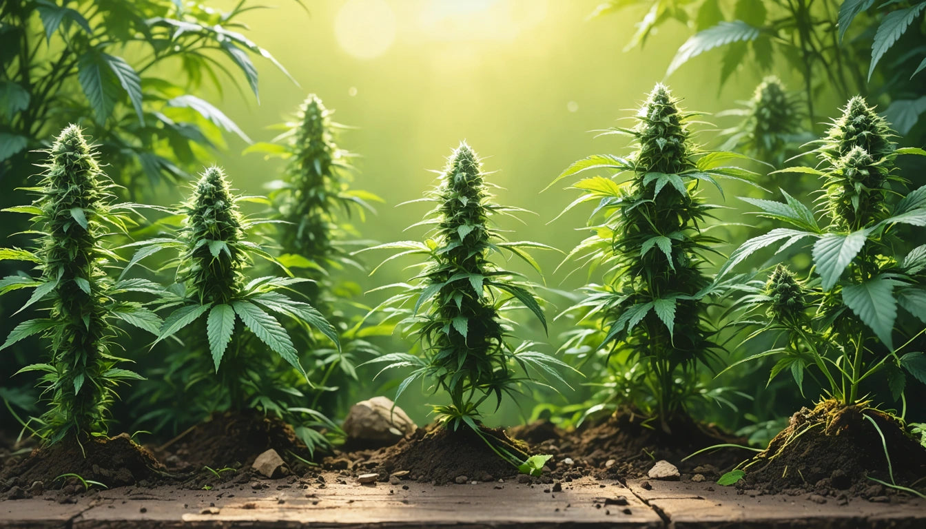 Sunlit green plants with spiky leaves and dense clusters growing in soil, surrounded by lush foliage