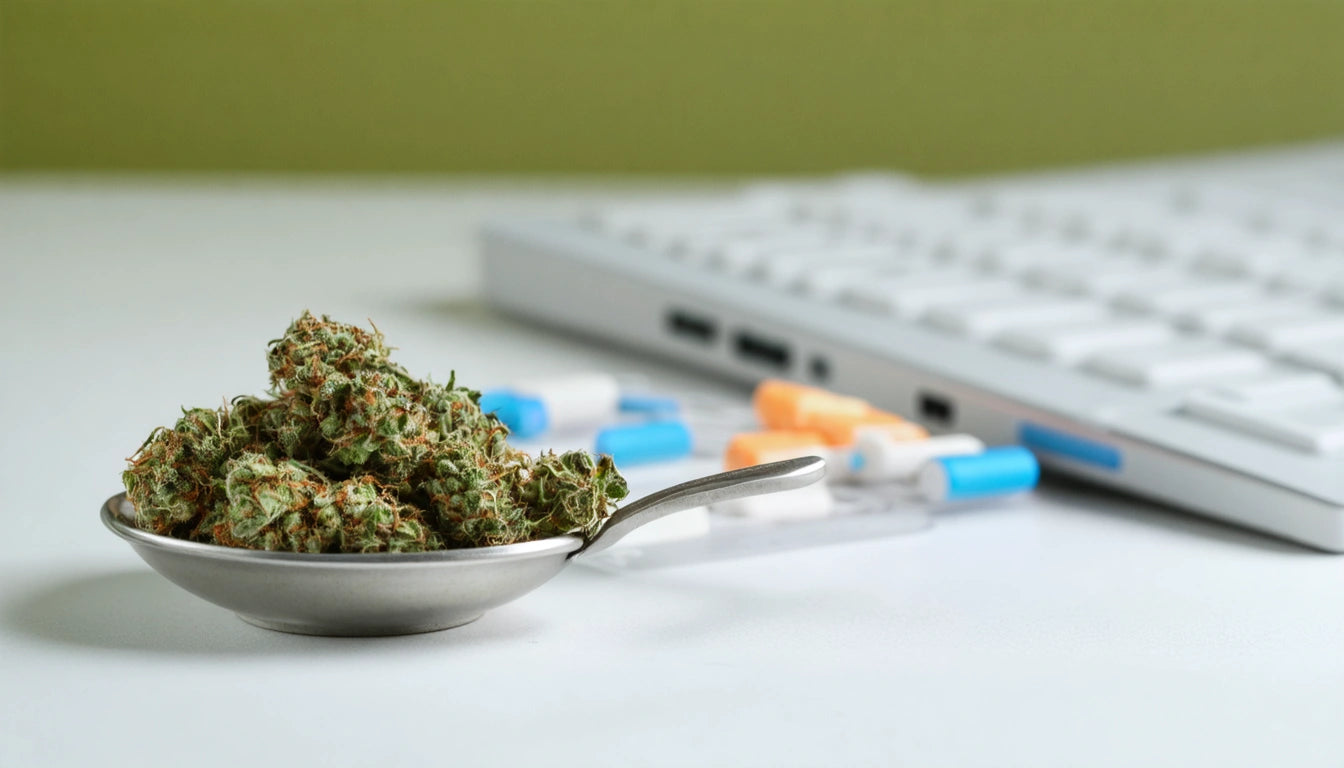 Spoon with green buds next to scattered capsules and a white keyboard on a desk