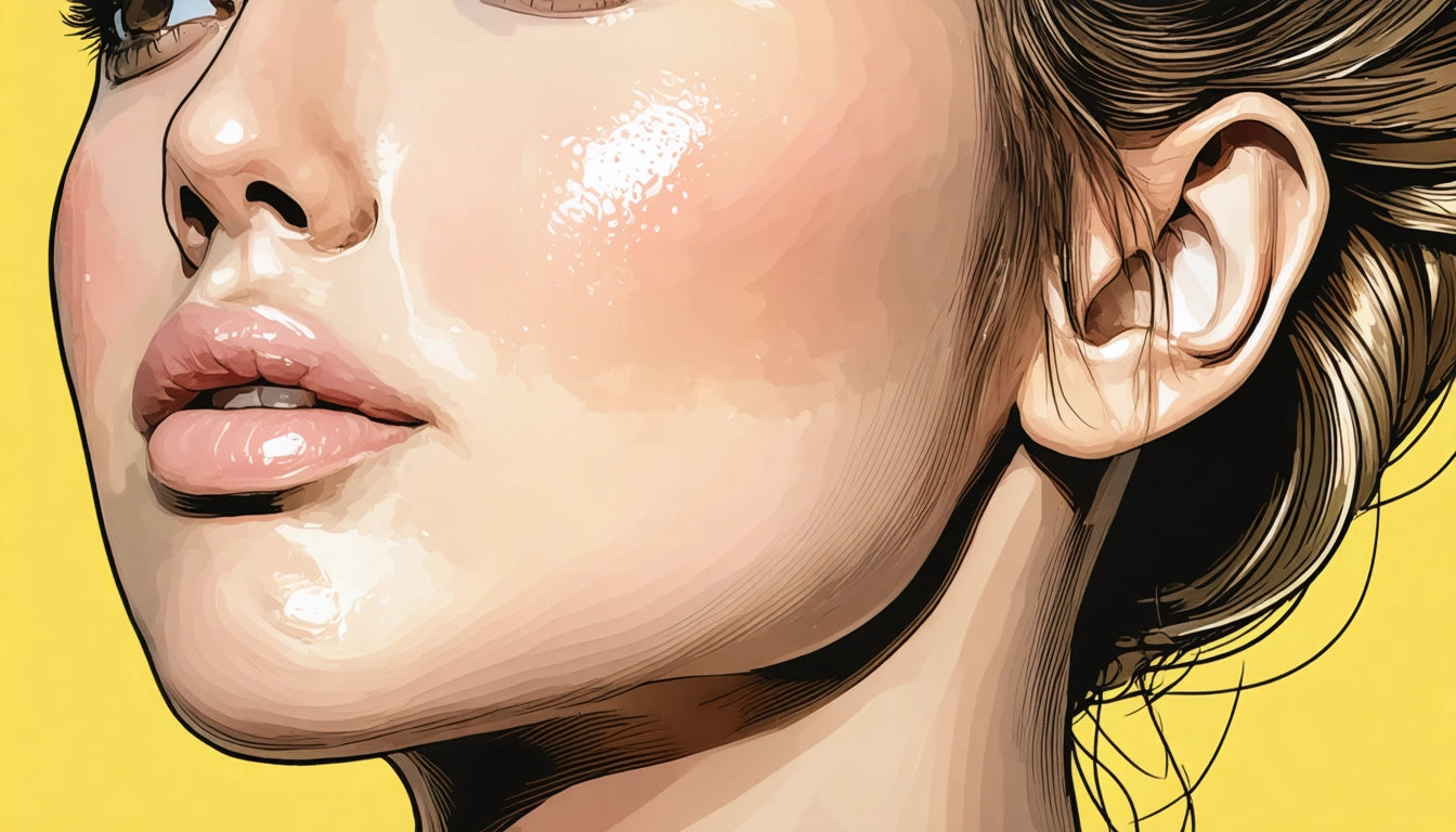 Woman's face in close-up, glossy skin, pink lips, and hair tied back, against a bright yellow background