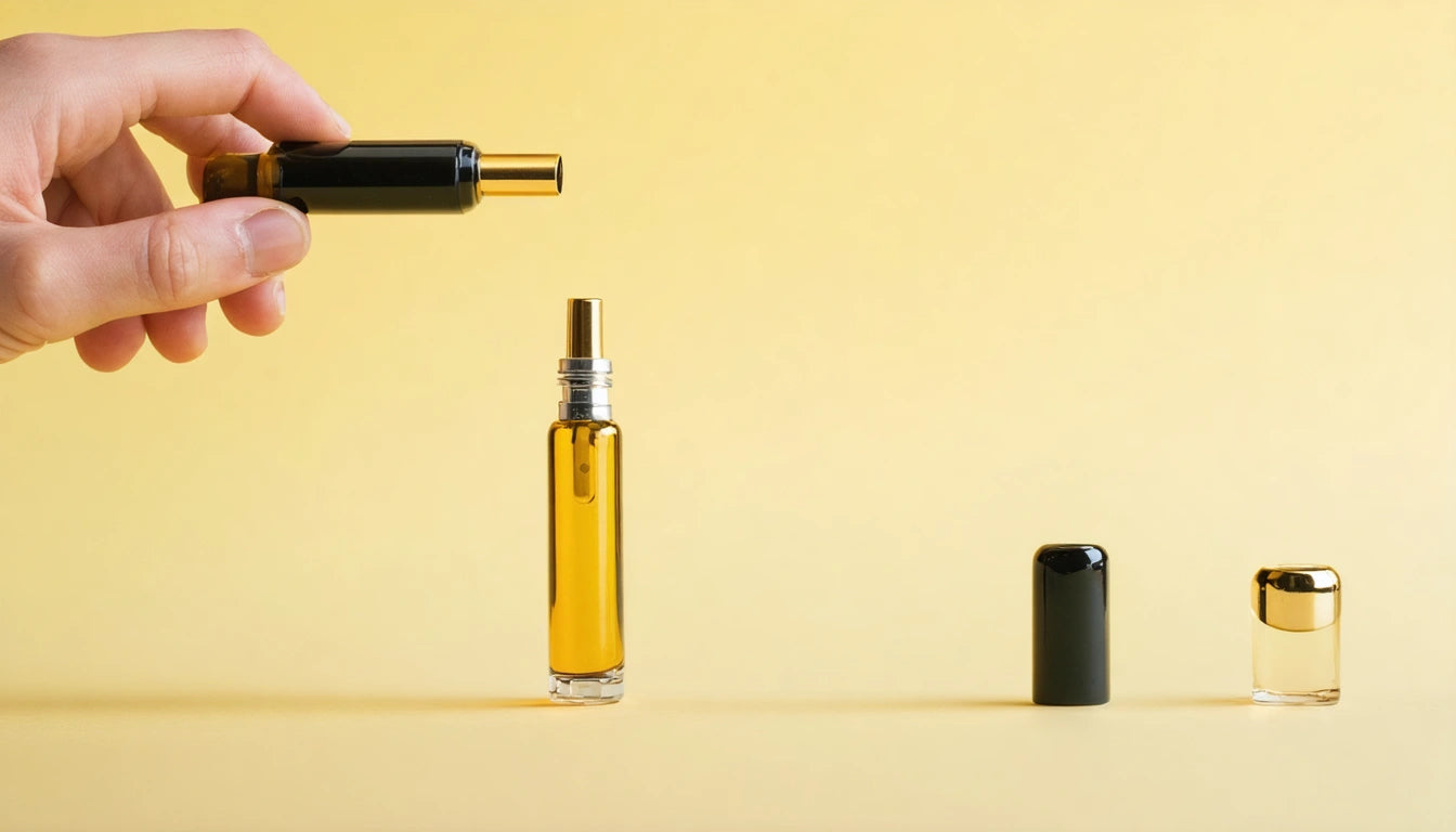 Hand holding a small black bottle above a taller amber bottle, with black and gold caps on a yellow background