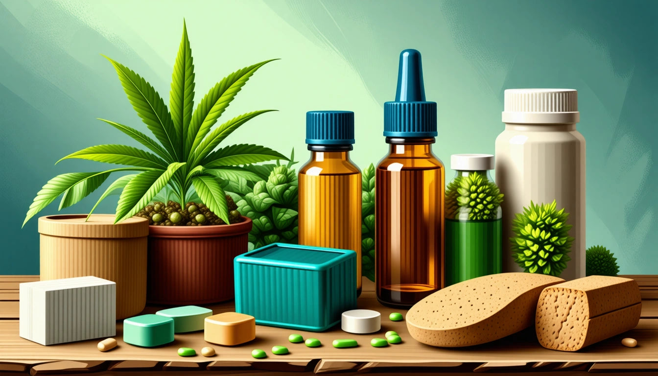 Potted plant, amber dropper bottles, white pill bottle, green and beige tablets, rectangular container, sponges on wooden surface