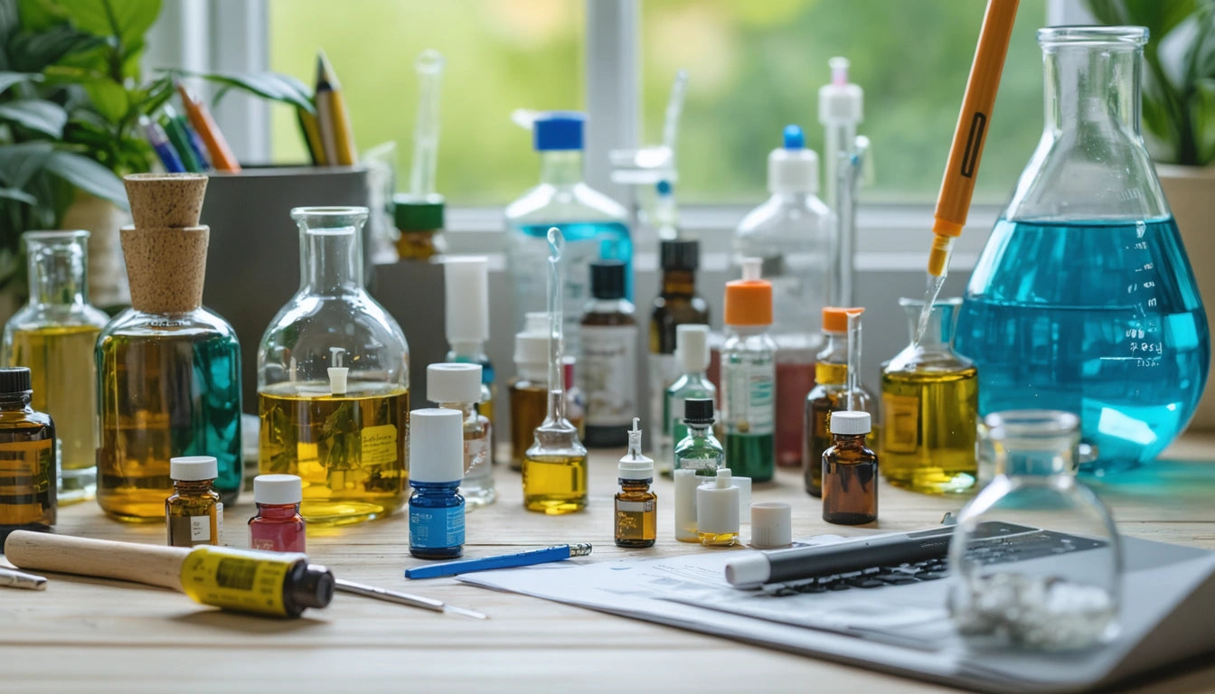Various laboratory bottles and beakers with colored liquids on a wooden table, syringe and papers nearby, window in background
