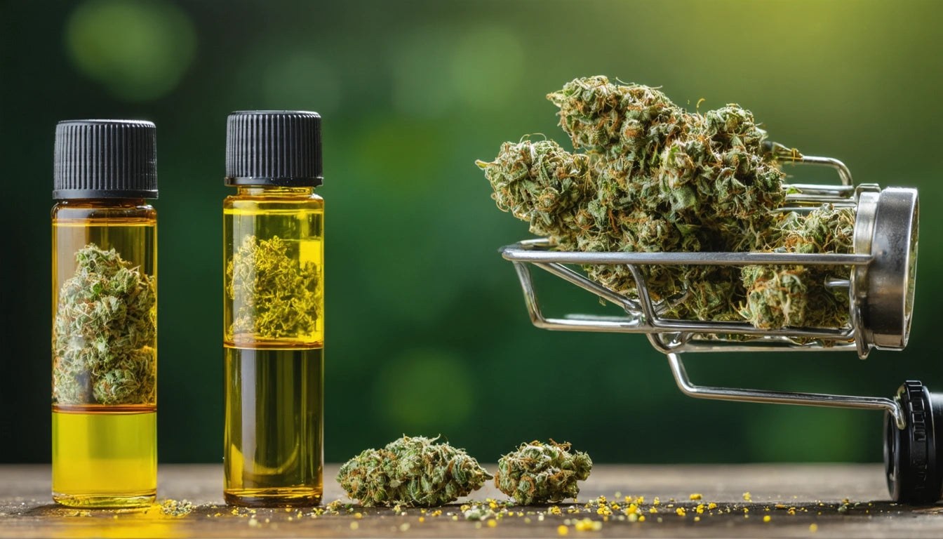 Glass vial with yellow liquid and cannabis bud, metal basket with cannabis buds, on wooden surface, blurred green background