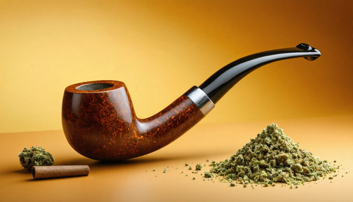 Brown tobacco pipe with black stem, next to a small pile of shredded green material and a rolled item on a yellow surface