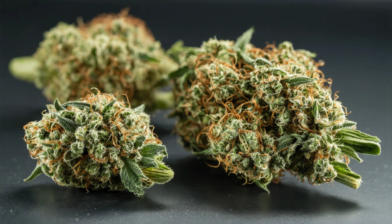 Three dense, green and orange buds with textured surfaces on a dark background