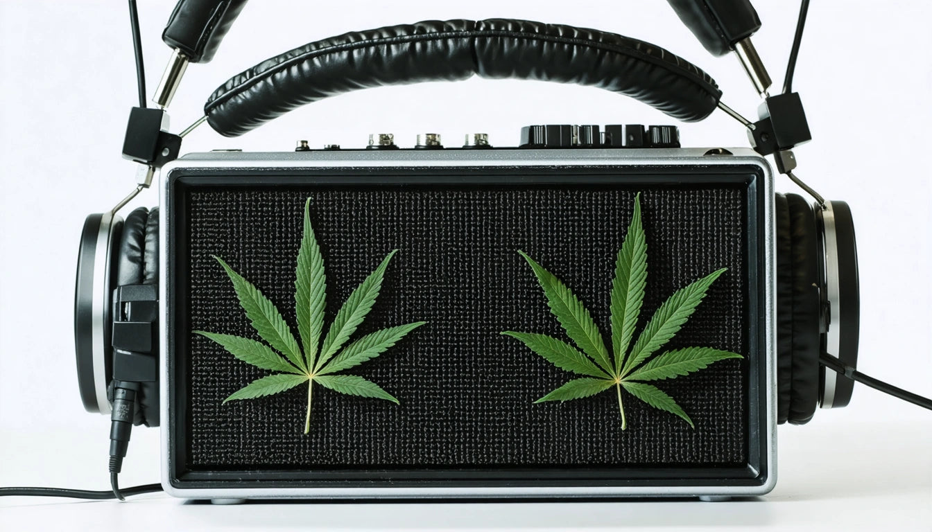 Black speaker with two green leaves on front, large headphones resting on top, white background