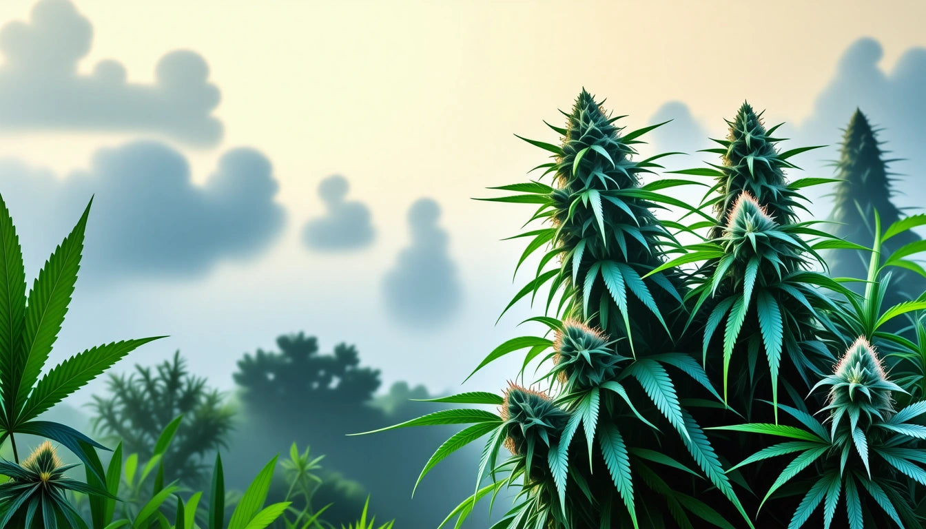 Tall, green plants with spiky leaves and buds in foreground, cloudy sky and silhouetted trees in background