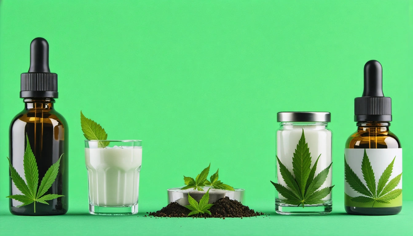 Brown dropper bottles, glass of milk, and jar with green leaves against a bright green background