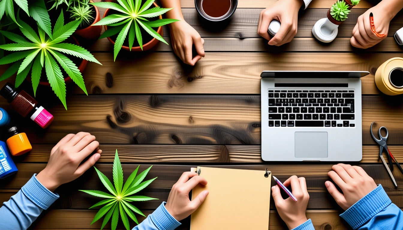 Hands around a wooden table with a laptop, coffee, potted plants, essential oil bottles, and a notepad with a pen