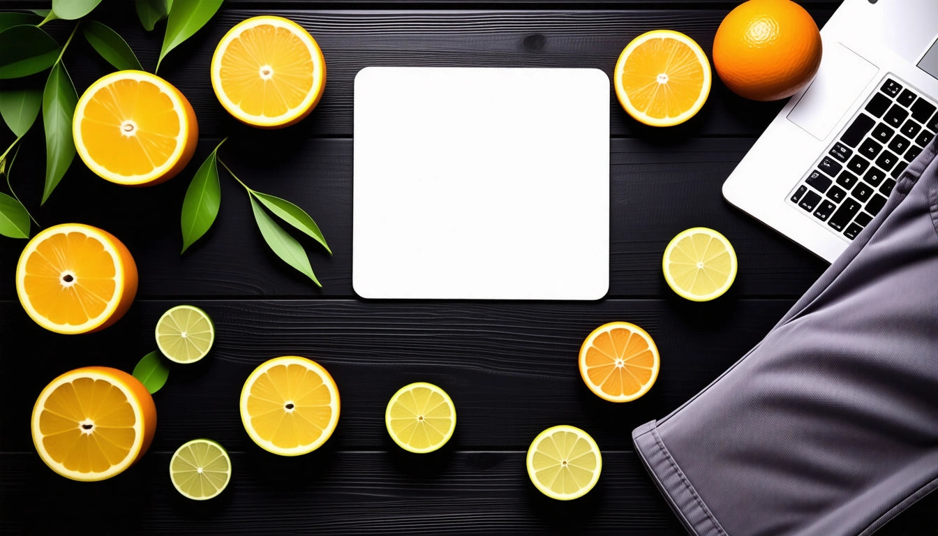 Sliced citrus fruits and green leaves surrounding a blank white square on a dark wooden surface, with a laptop and fabric nearby