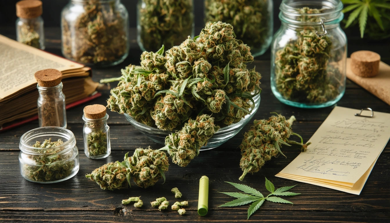 Glass bowl filled with green buds on a wooden table, surrounded by jars, a book, paper with writing, and a green leaf