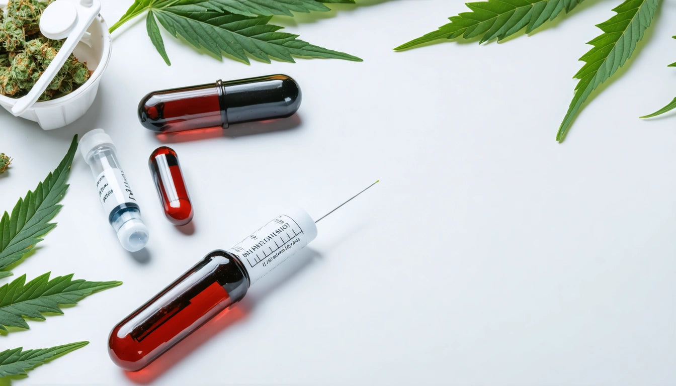Red and black capsules, syringe, small vial, and cannabis leaves on a white background