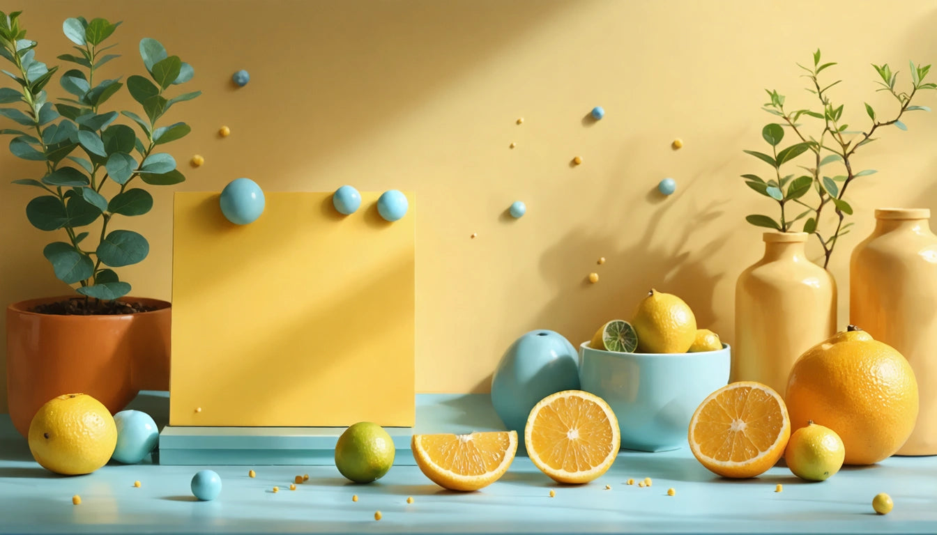 Yellow and blue geometric objects, citrus fruits, and green plants on a blue surface against a yellow background