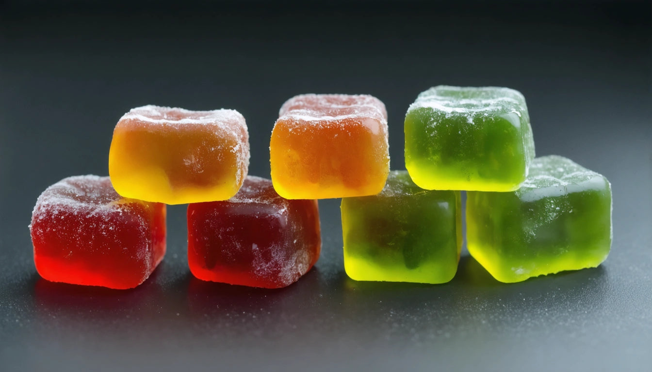 Colorful gummy cubes in red, orange, and green, dusted with sugar, stacked in two rows on a dark surface