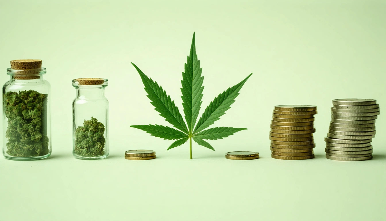 Glass jars with green buds, large green leaf in center, stacks of coins on right, light green background