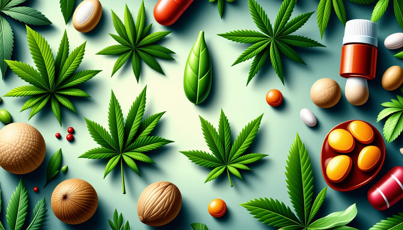 Green leaves, pills, capsules, and bottles scattered on a light surface, with shadows creating a three-dimensional effect