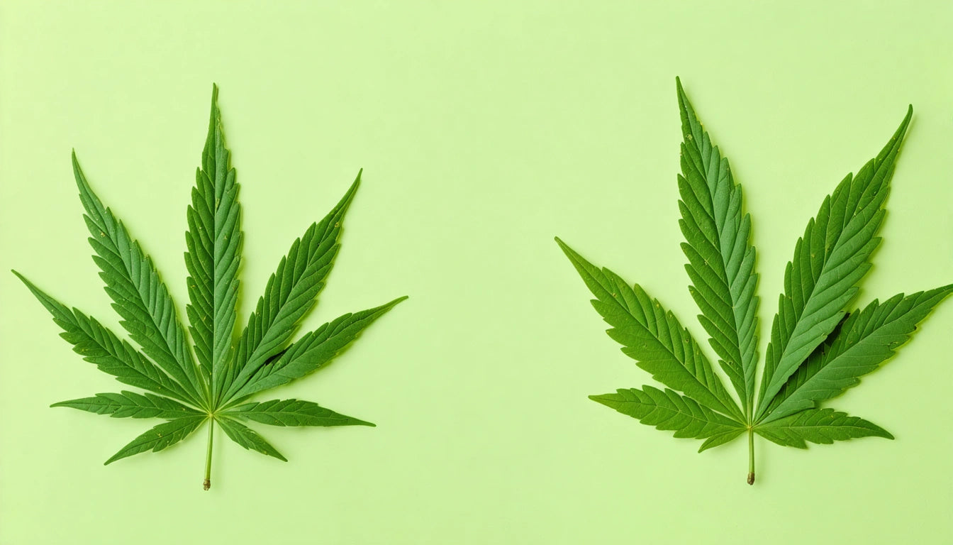 Two green leaves with serrated edges on a light green background, positioned symmetrically